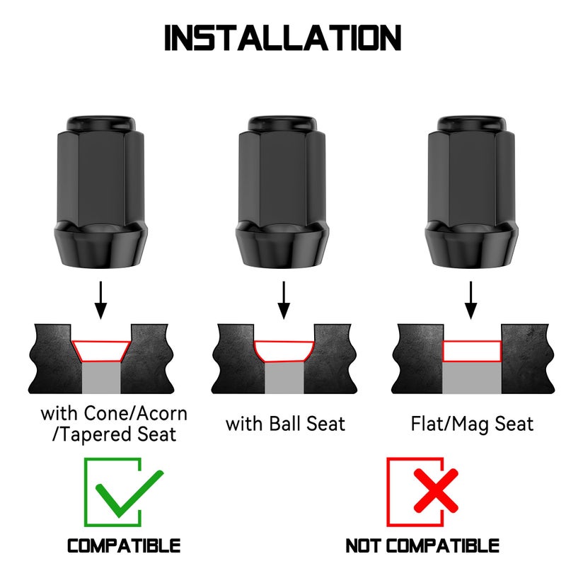 FLYCLE 20PCS 1/2-20 1.38 inch Closed End Bulge Acorn Black Lug Nuts - Cone Seat - 19mm Hex Compatible with Bronco Mustang Cherokee Ranger Explorer Liberty YJ TJ KJ KK ZJ WJ WK XK MJ XJ - Image 3